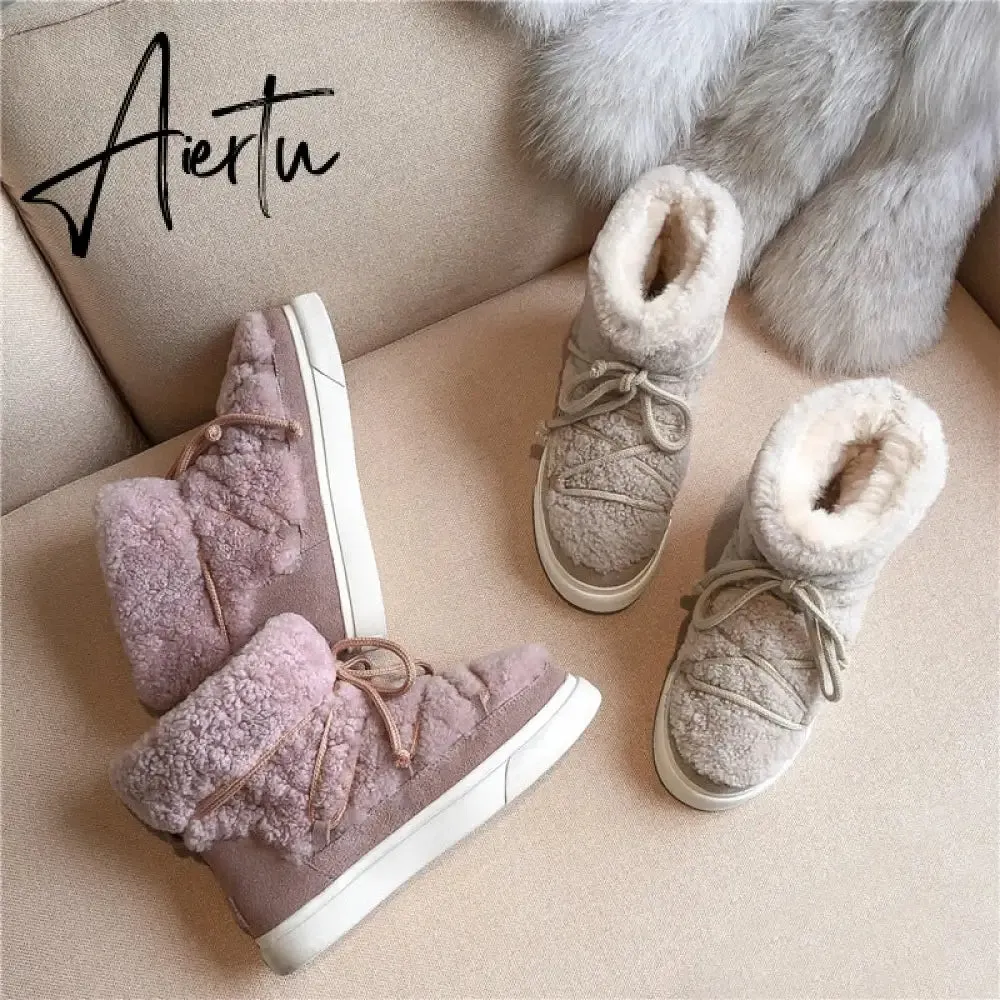 Aiertu Sweet Women Wool Cow Suede Ankle Boots Female Big Size Snow Boots Dancing Casual Shoes Woman Newest Flats Platform Boots