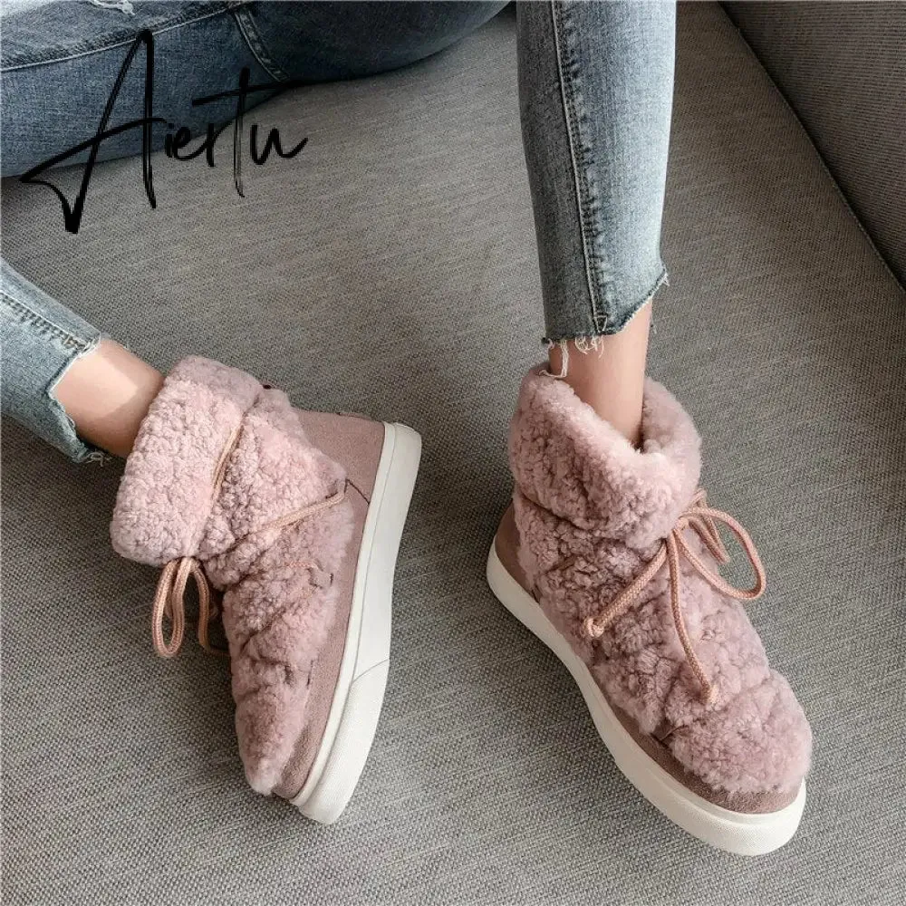 Aiertu Sweet Women Wool Cow Suede Ankle Boots Female Big Size Snow Boots Dancing Casual Shoes Woman Newest Flats Platform Boots