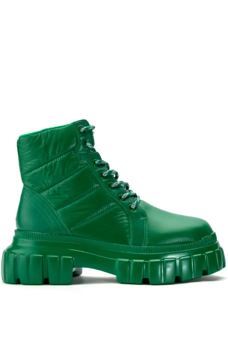 AZALEA WANG MERCEDES PUFFER FLATFORM BOOT IN GREEN
