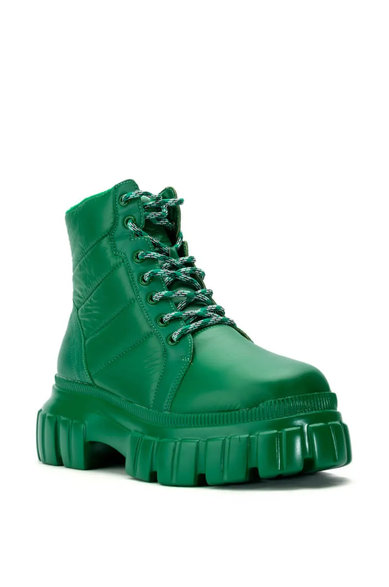 AZALEA WANG MERCEDES PUFFER FLATFORM BOOT IN GREEN