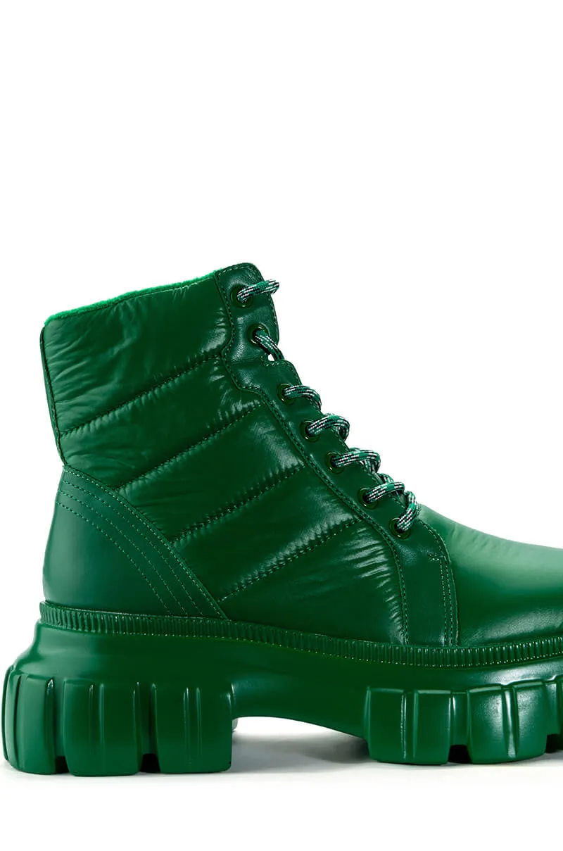 AZALEA WANG MERCEDES PUFFER FLATFORM BOOT IN GREEN