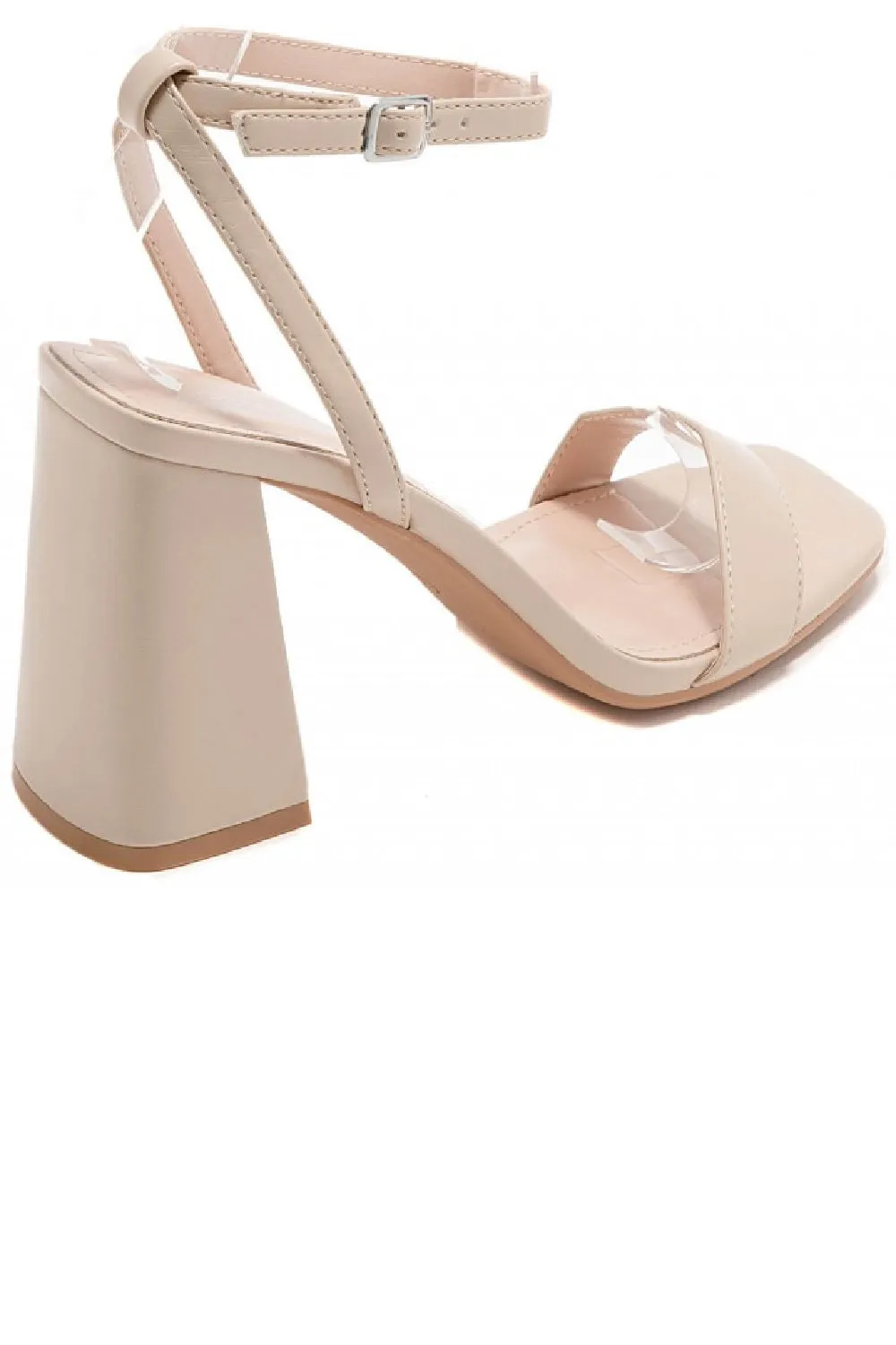 BEIGE BLOCK HEELED STRAPPY PARTY SANDALS