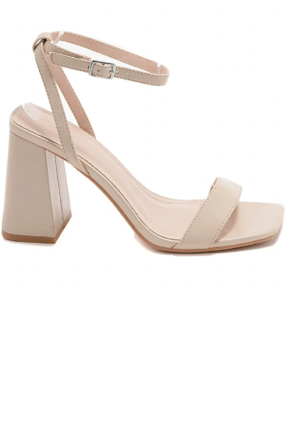 BEIGE BLOCK HEELED STRAPPY PARTY SANDALS