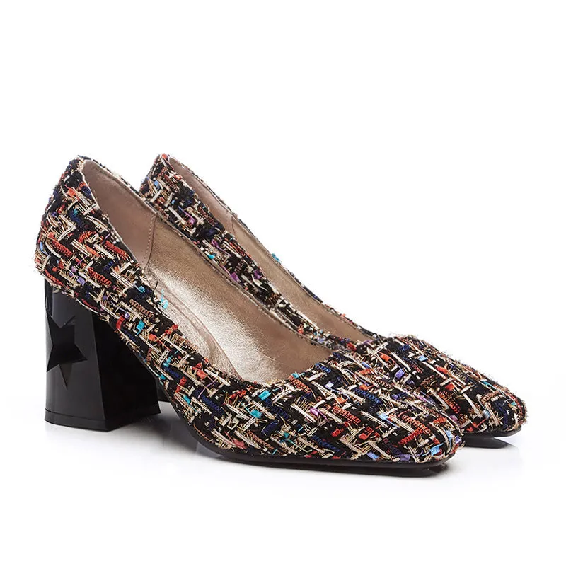 Bigsizeheels Contracted square head thick heel low help shoe - Multicolor