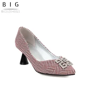 Bigsizeheels Houndstooth drill thick heel casual shoes - Red
