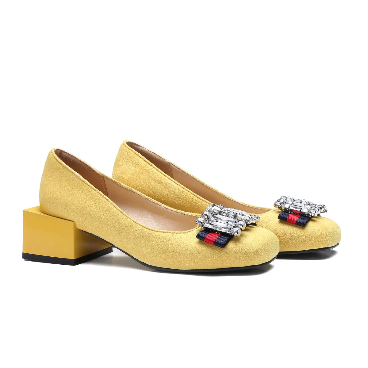 Bigsizeheels Suede square toe rhinestones with thick heels - Yellow