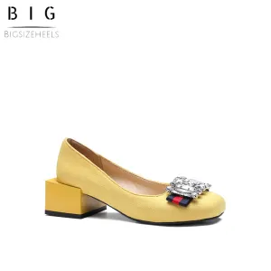 Bigsizeheels Suede square toe rhinestones with thick heels - Yellow
