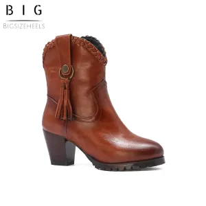 Bigsizeheels Vintage tassel round toe short boots - Brown