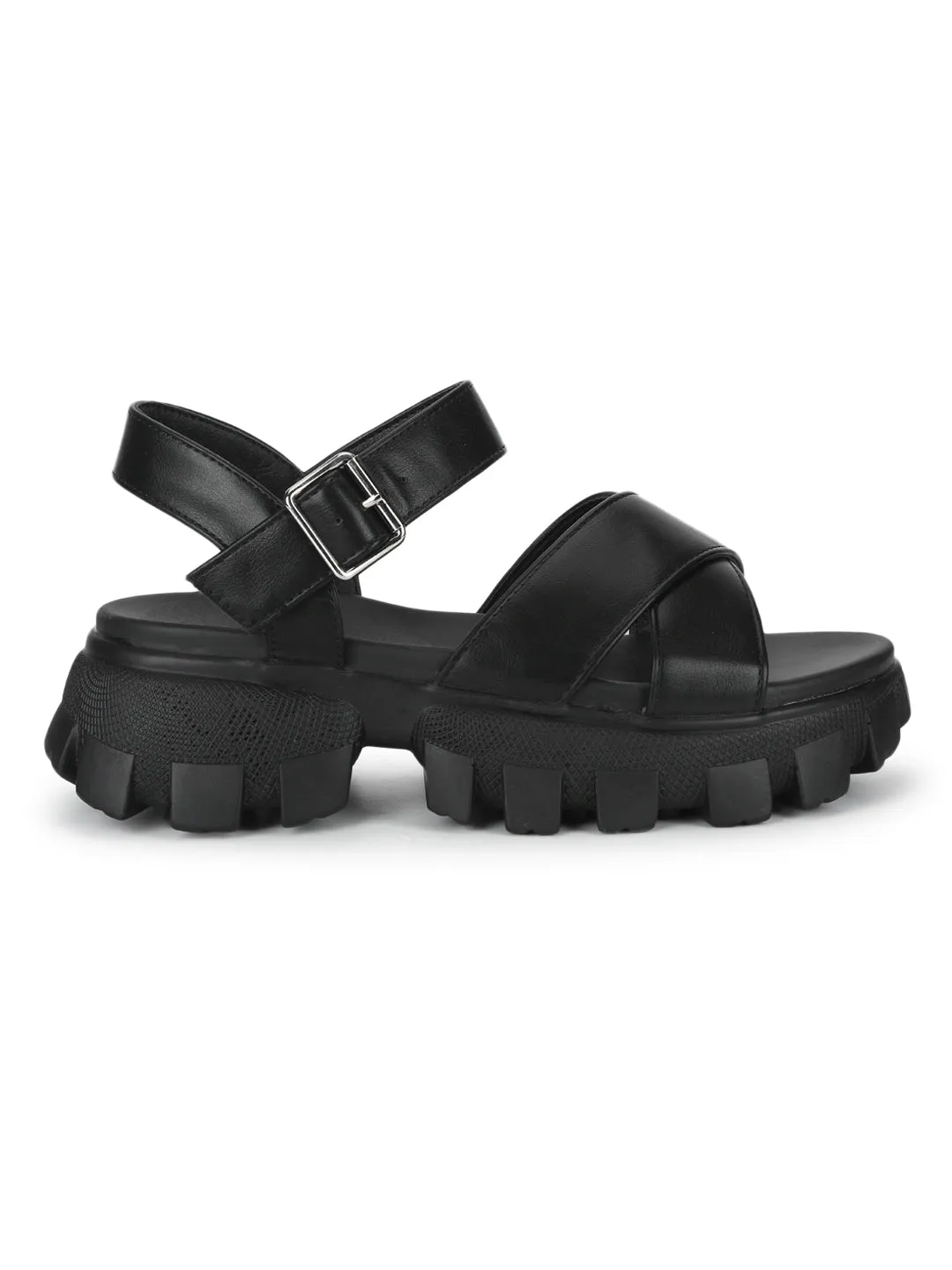 Black PU Cleated Bottom Chunky Sandals With Buckle