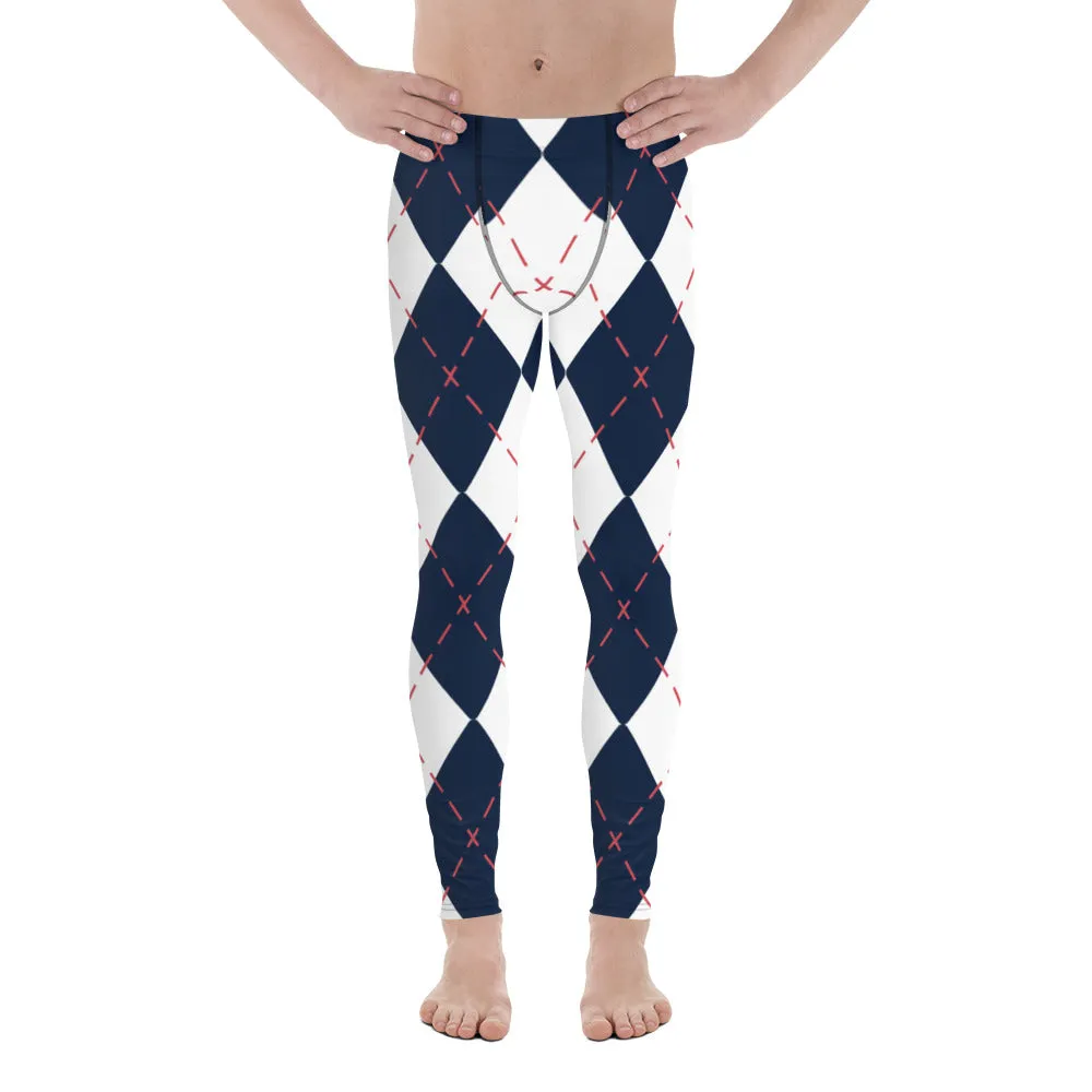 Blue White Plaid Men's Leggings, Tartan Plaid Print Compression Men's Leggings Tights Pants - Made in USA/MX/EU (US Size: XS-3XL)