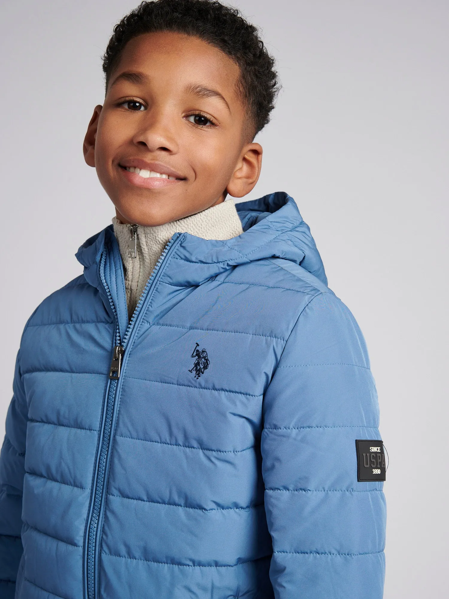 Boys Lightweight Quilt Hooded Puffer Jacket in Blue Horizon