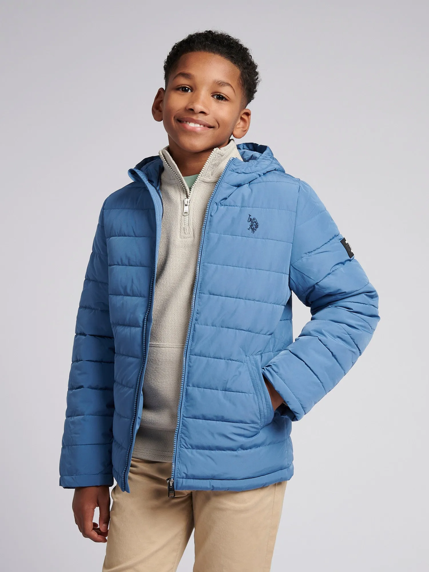 Boys Lightweight Quilt Hooded Puffer Jacket in Blue Horizon