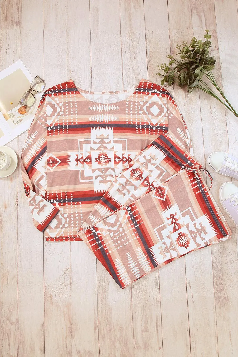 Chic Aztec-Inspired Lounge Set with Elegant Puff Sleeves & Adjustable Drawstring
