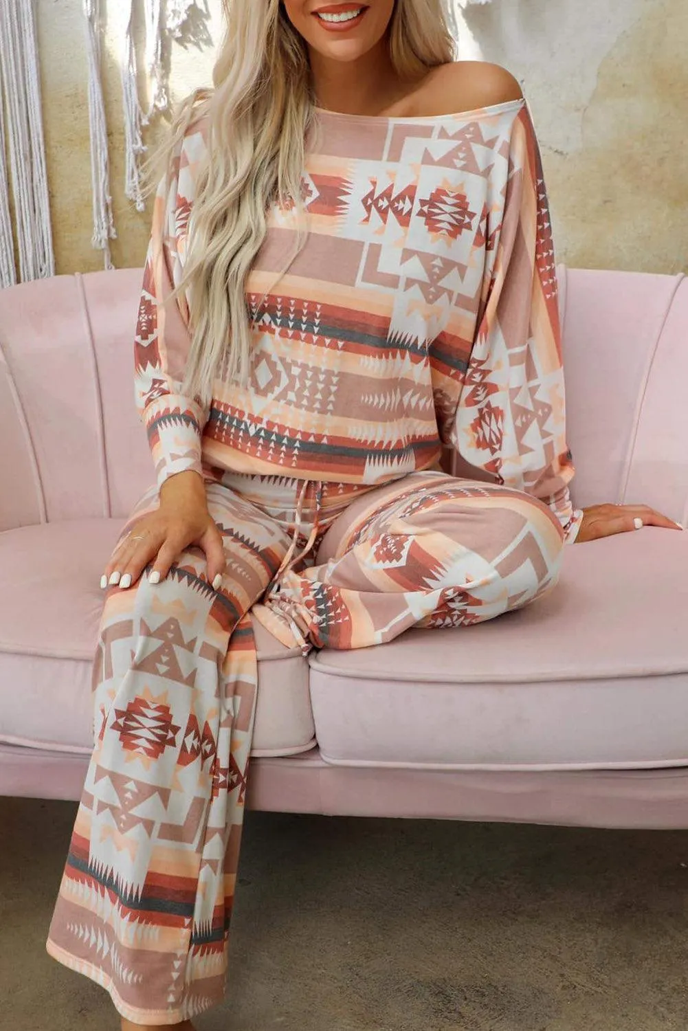 Chic Aztec-Inspired Lounge Set with Elegant Puff Sleeves & Adjustable Drawstring