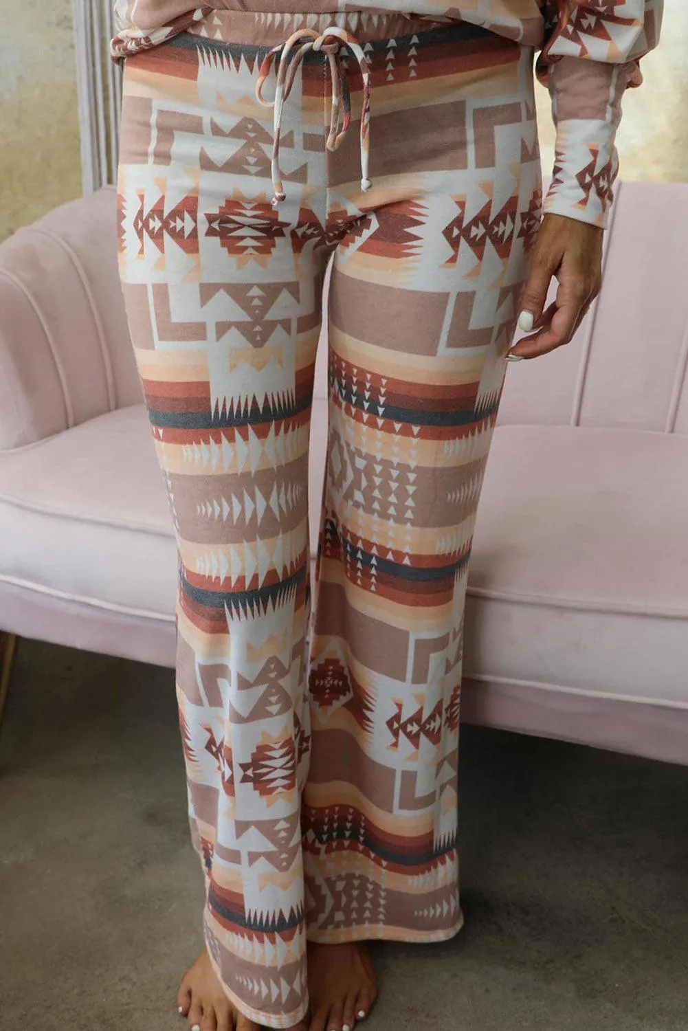 Chic Aztec-Inspired Lounge Set with Elegant Puff Sleeves & Adjustable Drawstring