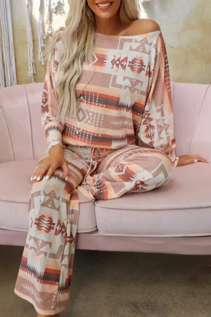 Chic Aztec-Inspired Lounge Set with Elegant Puff Sleeves & Adjustable Drawstring