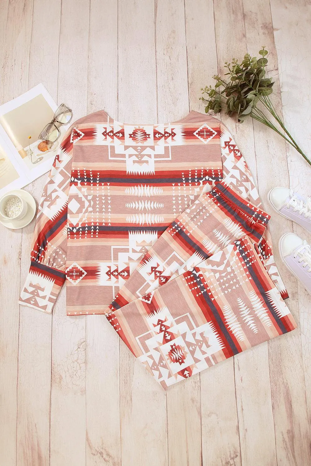Chic Aztec-Inspired Lounge Set with Elegant Puff Sleeves & Adjustable Drawstring