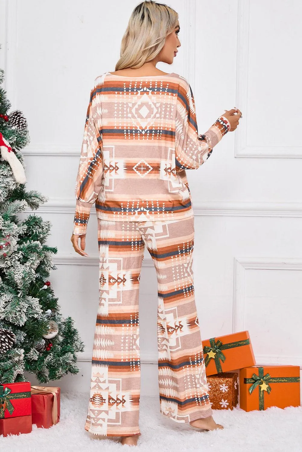 Chic Aztec-Inspired Lounge Set with Elegant Puff Sleeves & Adjustable Drawstring