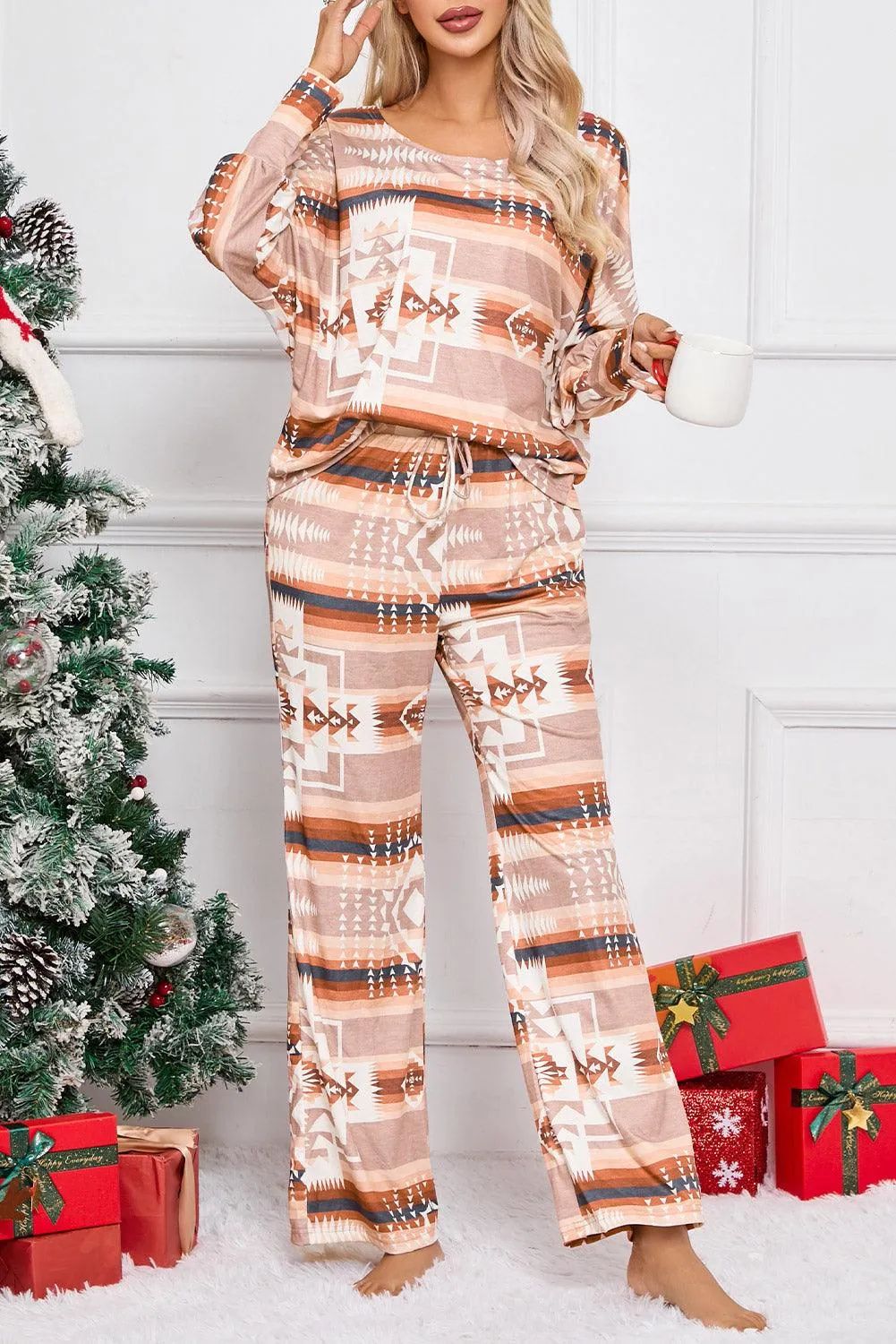 Chic Aztec-Inspired Lounge Set with Elegant Puff Sleeves & Adjustable Drawstring