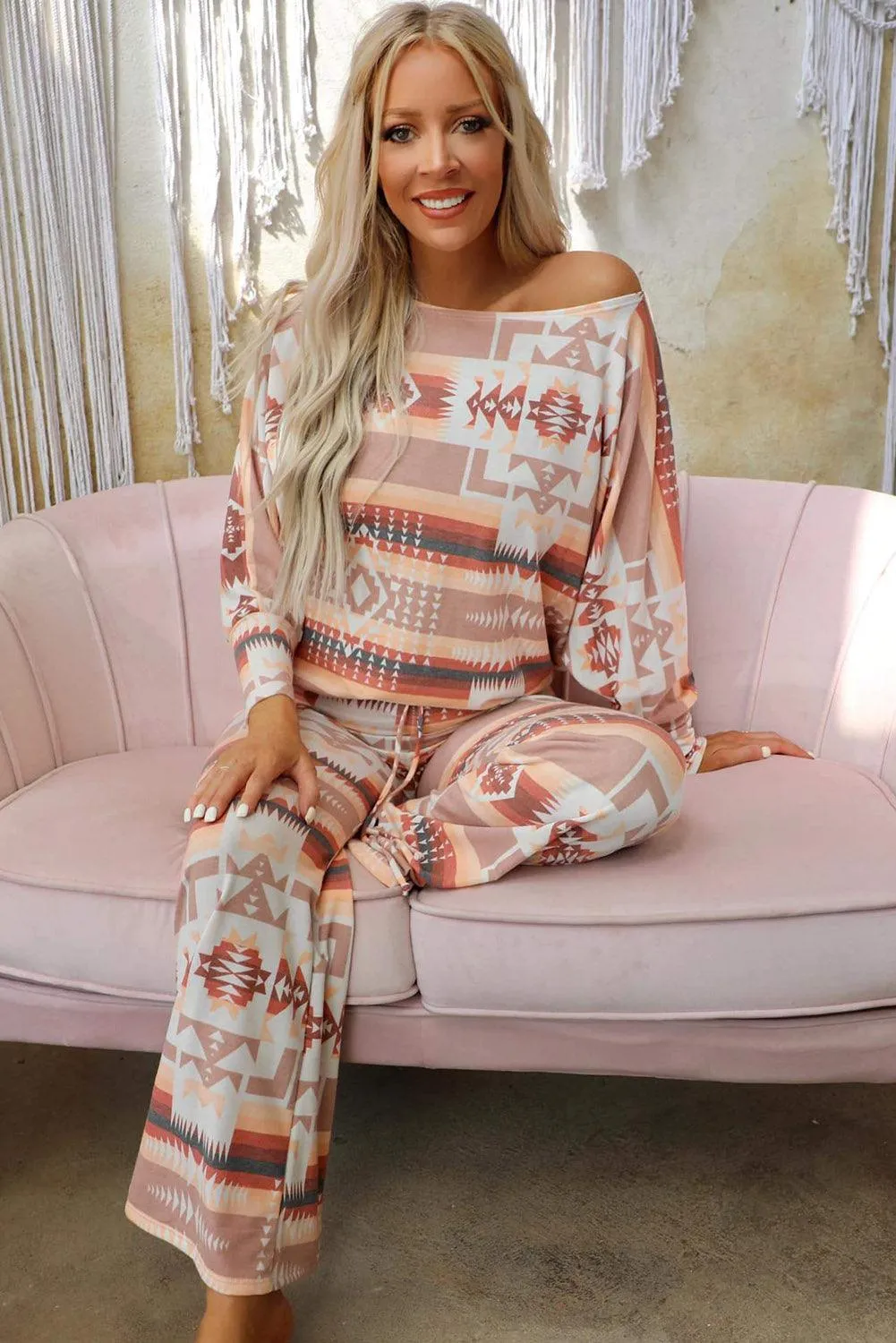 Chic Aztec-Inspired Lounge Set with Elegant Puff Sleeves & Adjustable Drawstring