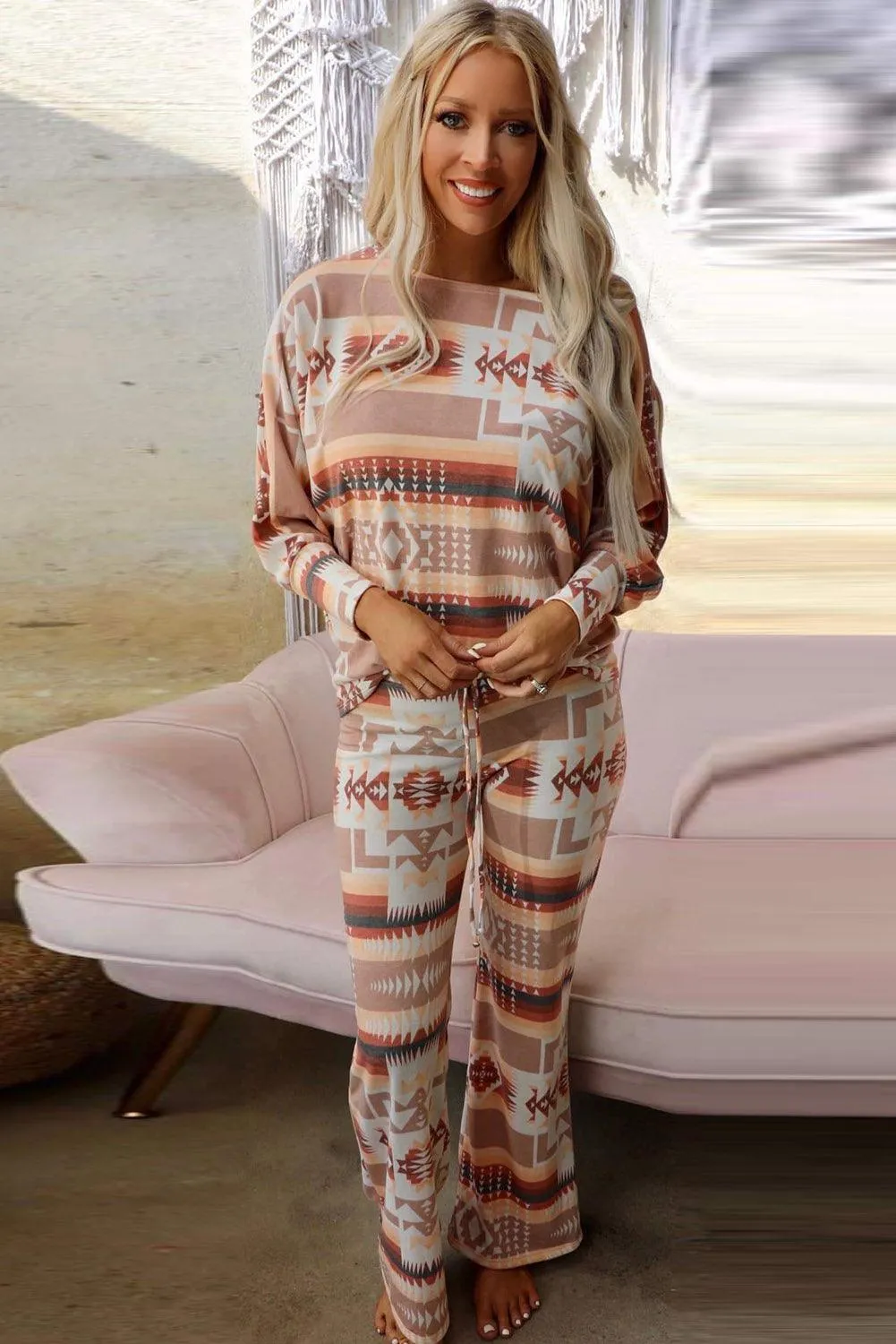 Chic Aztec-Inspired Lounge Set with Elegant Puff Sleeves & Adjustable Drawstring