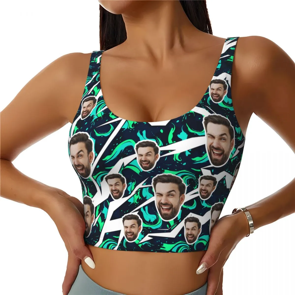 Custom Face Green Swirl Sports Bra Personalized Women's All Over Print Yoga Sports Bra