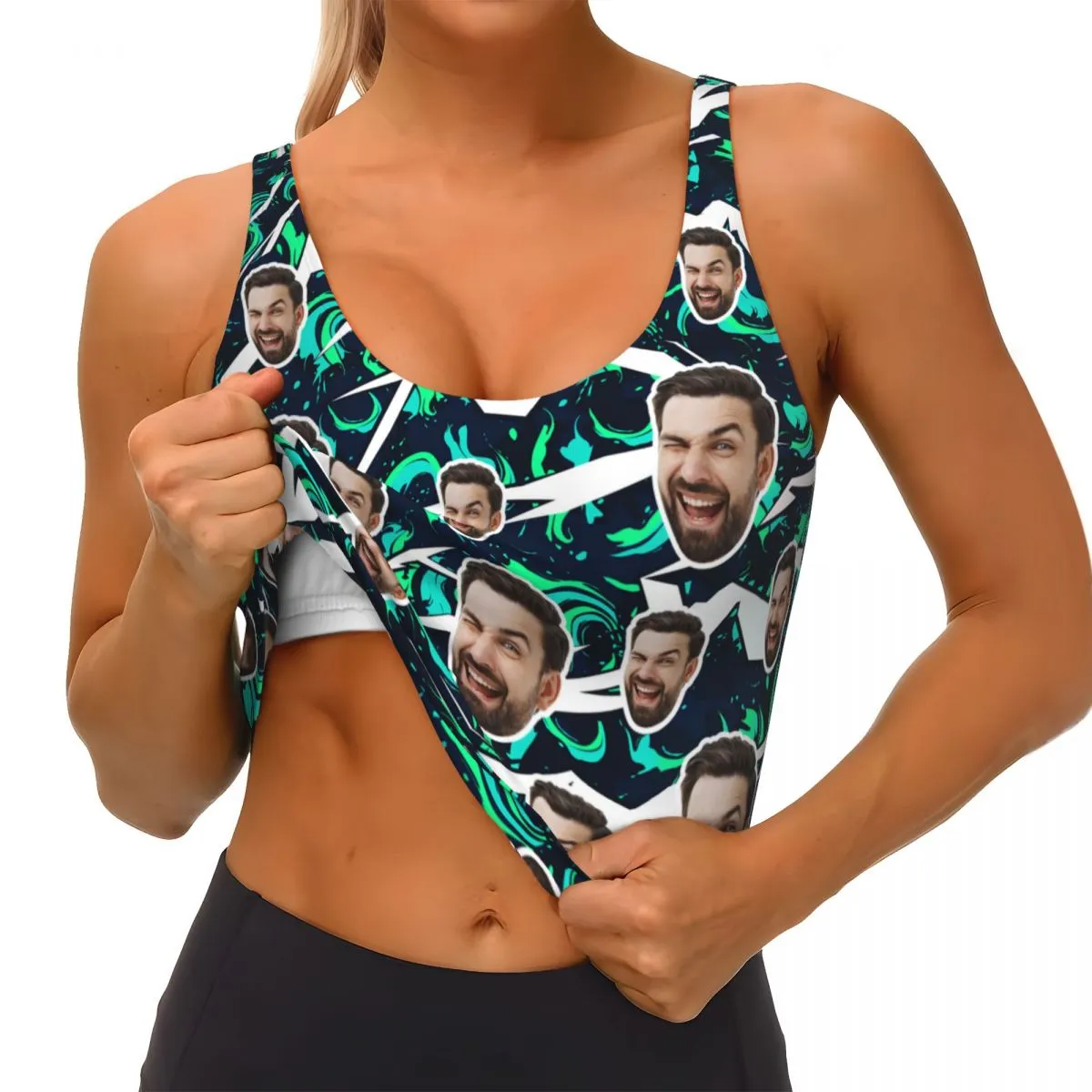 Custom Face Green Swirl Sports Bra Personalized Women's All Over Print Yoga Sports Bra
