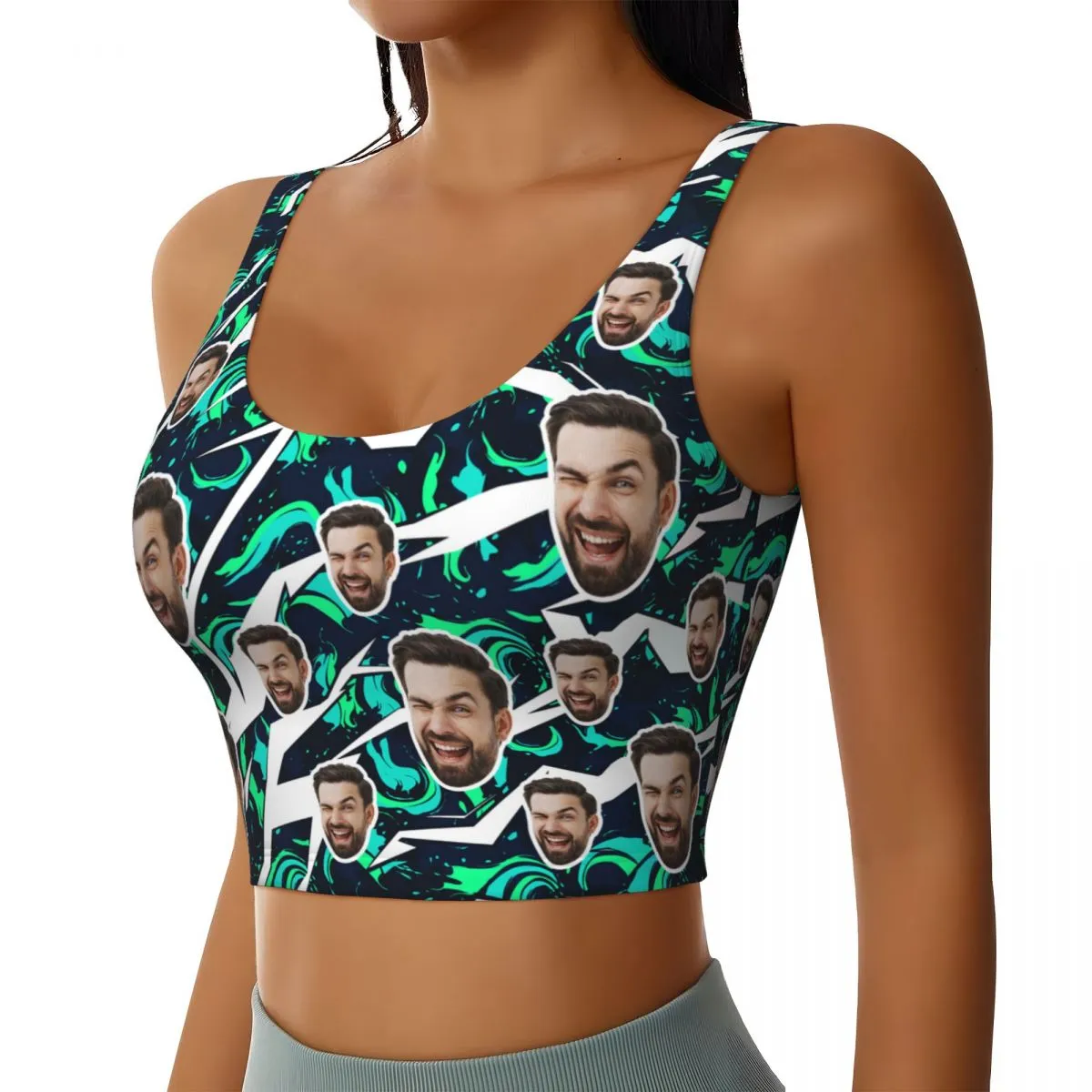 Custom Face Green Swirl Sports Bra Personalized Women's All Over Print Yoga Sports Bra
