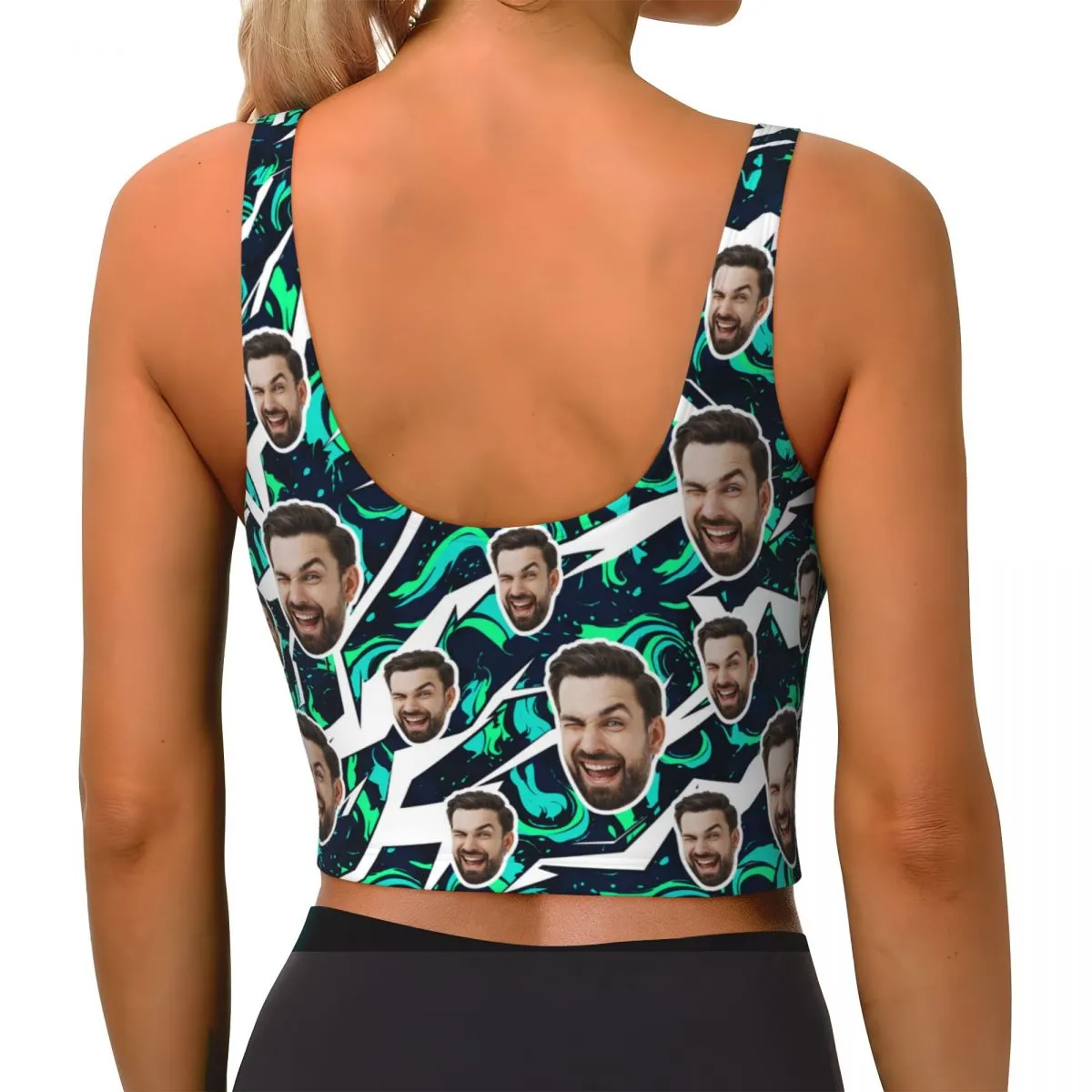 Custom Face Green Swirl Sports Bra Personalized Women's All Over Print Yoga Sports Bra