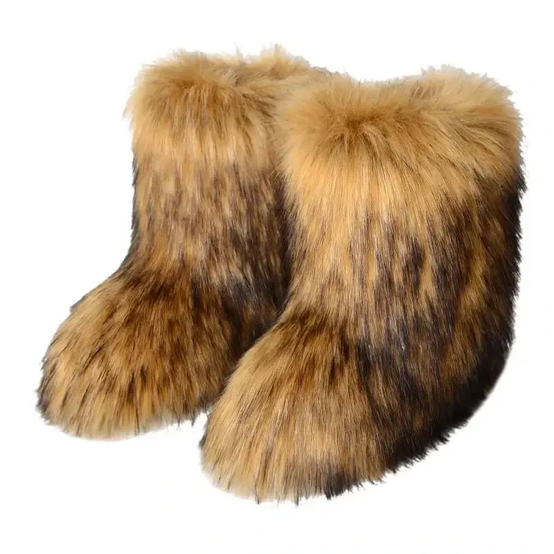 Faux Fur Boots Fashion Winter Shoe Women's Winter Fluffy Faux Fox Fur Boots Woman Plush Warm Snow Boots Luxury Footwear Girls' Furry Fur Bottes Fashion