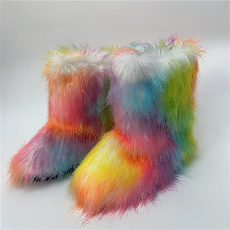 Faux Fur Boots Fashion Winter Shoe Women's Winter Fluffy Faux Fox Fur Boots Woman Plush Warm Snow Boots Luxury Footwear Girls' Furry Fur Bottes Fashion