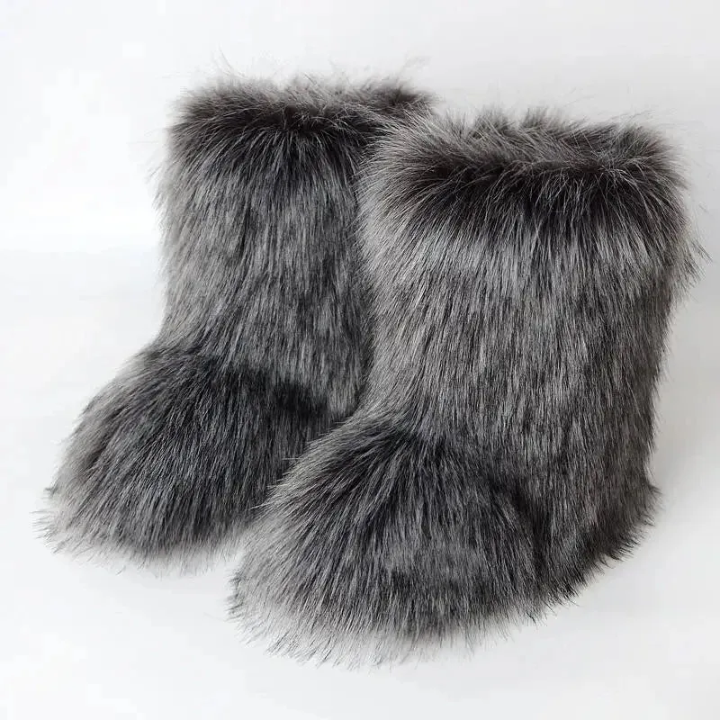 Faux Fur Boots Fashion Winter Shoe Women's Winter Fluffy Faux Fox Fur Boots Woman Plush Warm Snow Boots Luxury Footwear Girls' Furry Fur Bottes Fashion