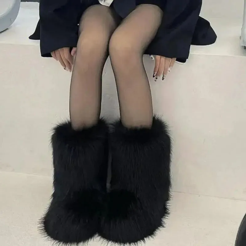 Faux Fur Boots Fashion Winter Shoe Women's Winter Fluffy Faux Fox Fur Boots Woman Plush Warm Snow Boots Luxury Footwear Girls' Furry Fur Bottes Fashion