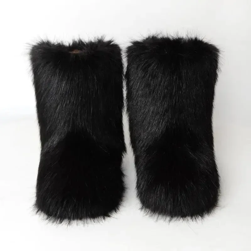 Faux Fur Boots Fashion Winter Shoe Women's Winter Fluffy Faux Fox Fur Boots Woman Plush Warm Snow Boots Luxury Footwear Girls' Furry Fur Bottes Fashion