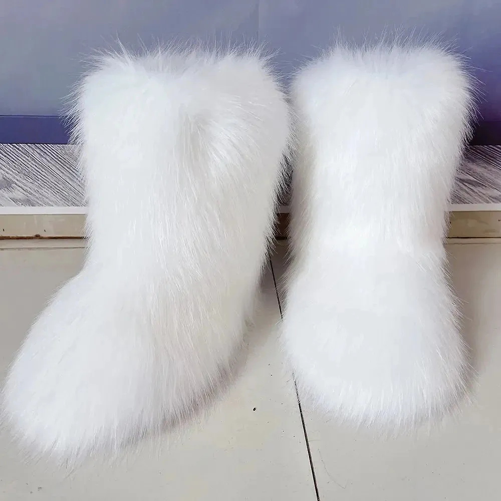 Faux Fur Boots Fashion Winter Shoe Women's Winter Fluffy Faux Fox Fur Boots Woman Plush Warm Snow Boots Luxury Footwear Girls' Furry Fur Bottes Fashion