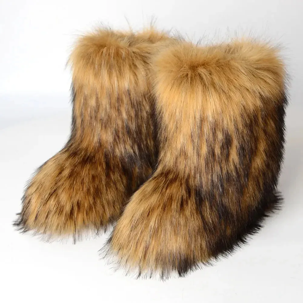 Faux Fur Boots Fashion Winter Shoe Women's Winter Fluffy Faux Fox Fur Boots Woman Plush Warm Snow Boots Luxury Footwear Girls' Furry Fur Bottes Fashion