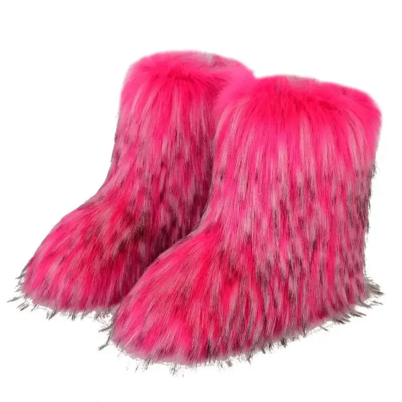 Faux Fur Boots Fashion Winter Shoe Women's Winter Fluffy Faux Fox Fur Boots Woman Plush Warm Snow Boots Luxury Footwear Girls' Furry Fur Bottes Fashion