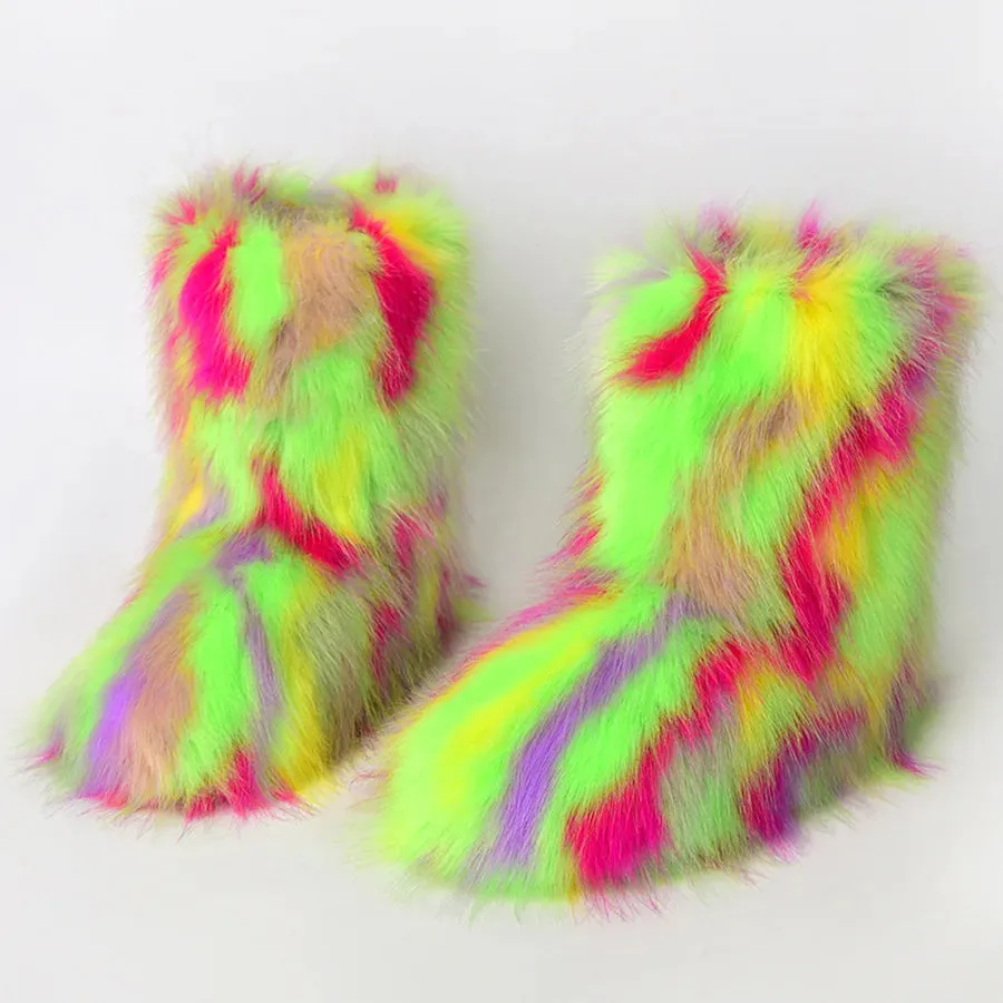 Faux Fur Boots Fashion Winter Shoe Women's Winter Fluffy Faux Fox Fur Boots Woman Plush Warm Snow Boots Luxury Footwear Girls' Furry Fur Bottes Fashion