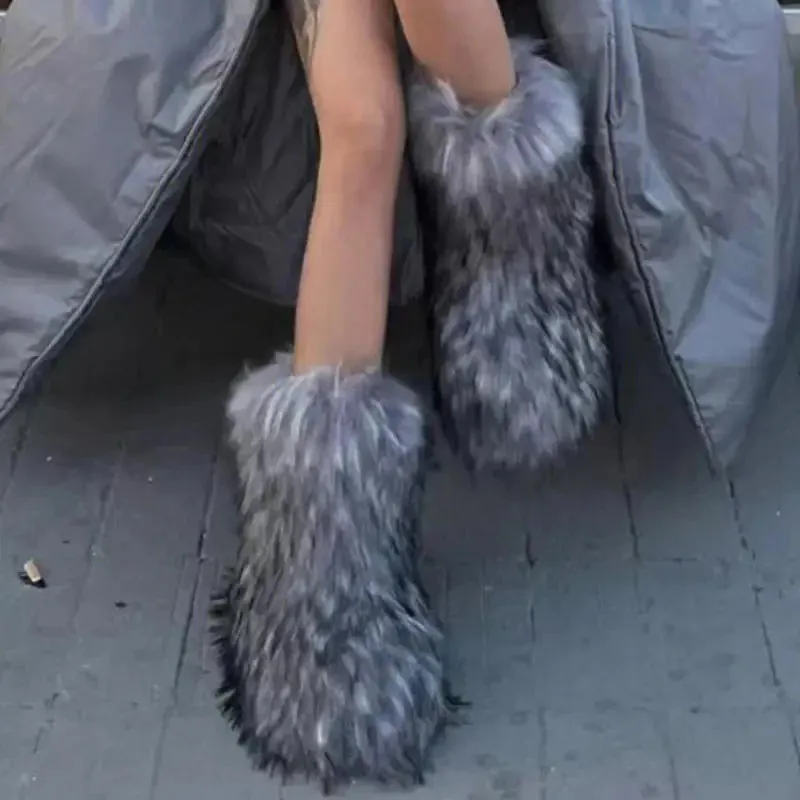 Faux Fur Boots Fashion Winter Shoe Women's Winter Fluffy Faux Fox Fur Boots Woman Plush Warm Snow Boots Luxury Footwear Girls' Furry Fur Bottes Fashion