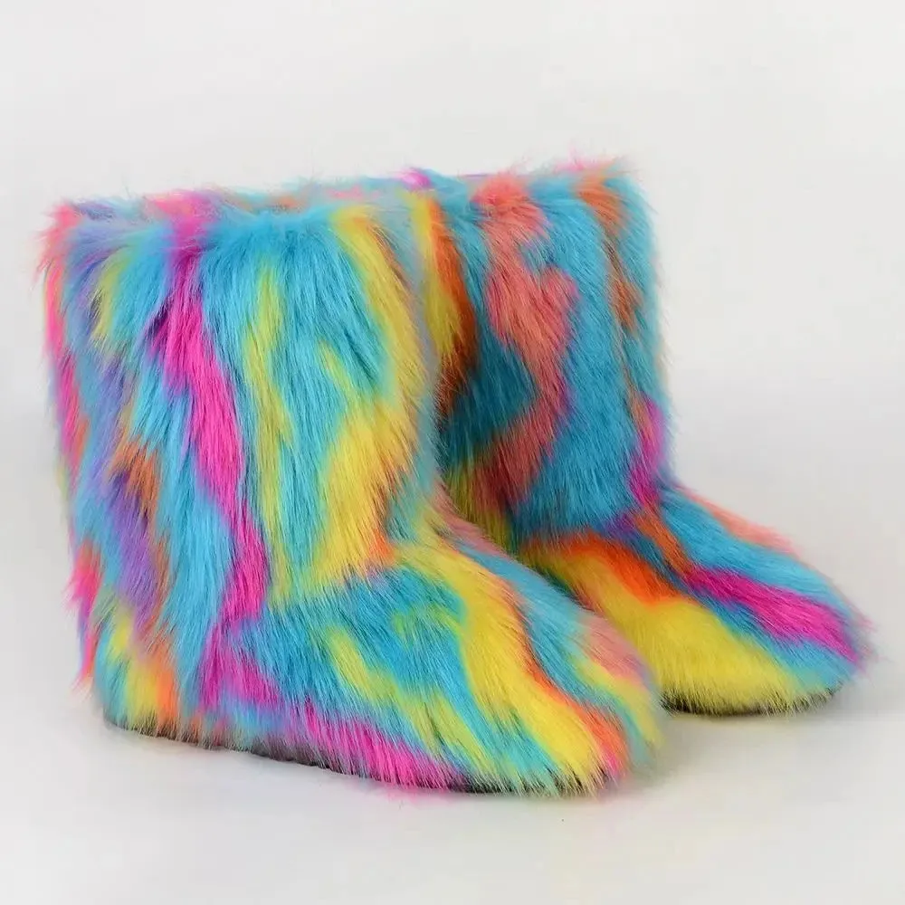Faux Fur Boots Fashion Winter Shoe Women's Winter Fluffy Faux Fox Fur Boots Woman Plush Warm Snow Boots Luxury Footwear Girls' Furry Fur Bottes Fashion