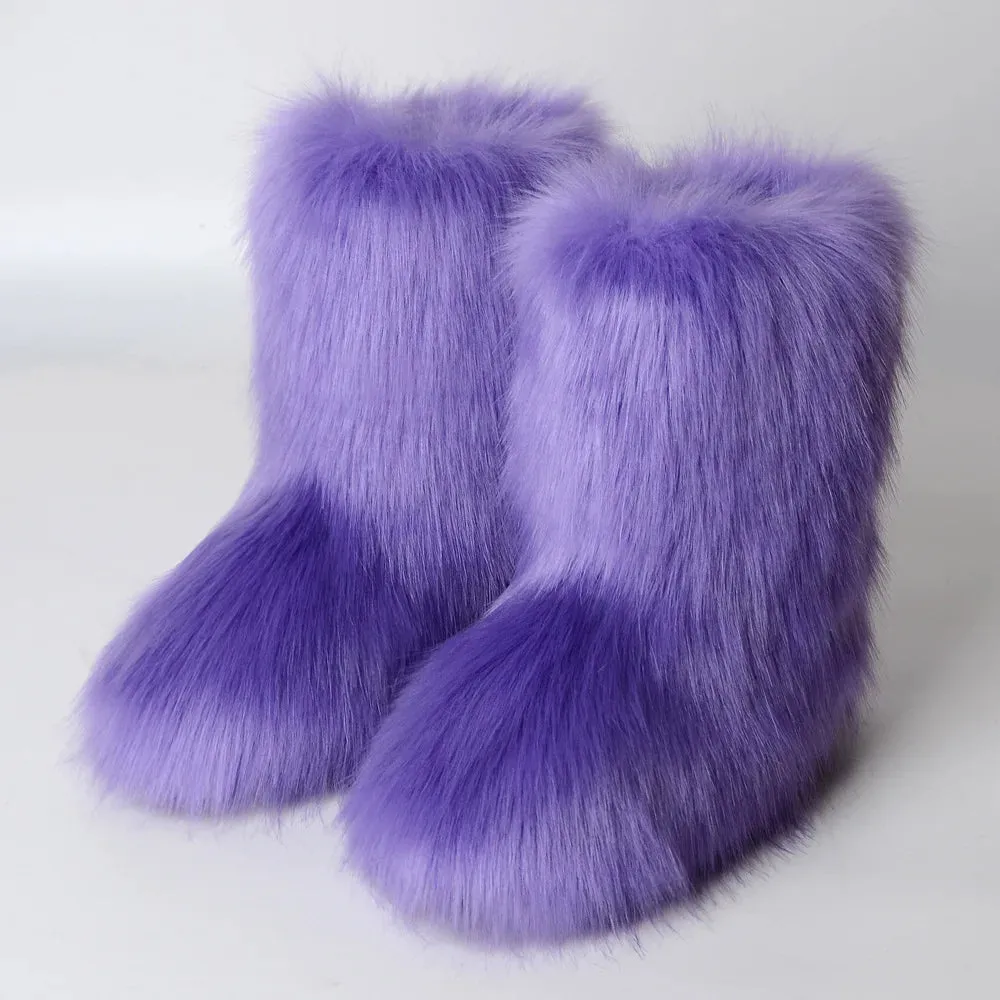 Faux Fur Boots Fashion Winter Shoe Women's Winter Fluffy Faux Fox Fur Boots Woman Plush Warm Snow Boots Luxury Footwear Girls' Furry Fur Bottes Fashion