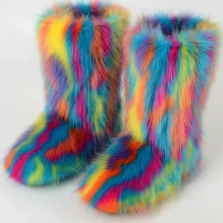Faux Fur Boots Fashion Winter Shoe Women's Winter Fluffy Faux Fox Fur Boots Woman Plush Warm Snow Boots Luxury Footwear Girls' Furry Fur Bottes Fashion
