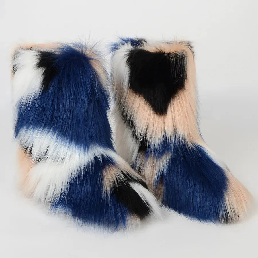 Faux Fur Boots Fashion Winter Shoe Women's Winter Fluffy Faux Fox Fur Boots Woman Plush Warm Snow Boots Luxury Footwear Girls' Furry Fur Bottes Fashion