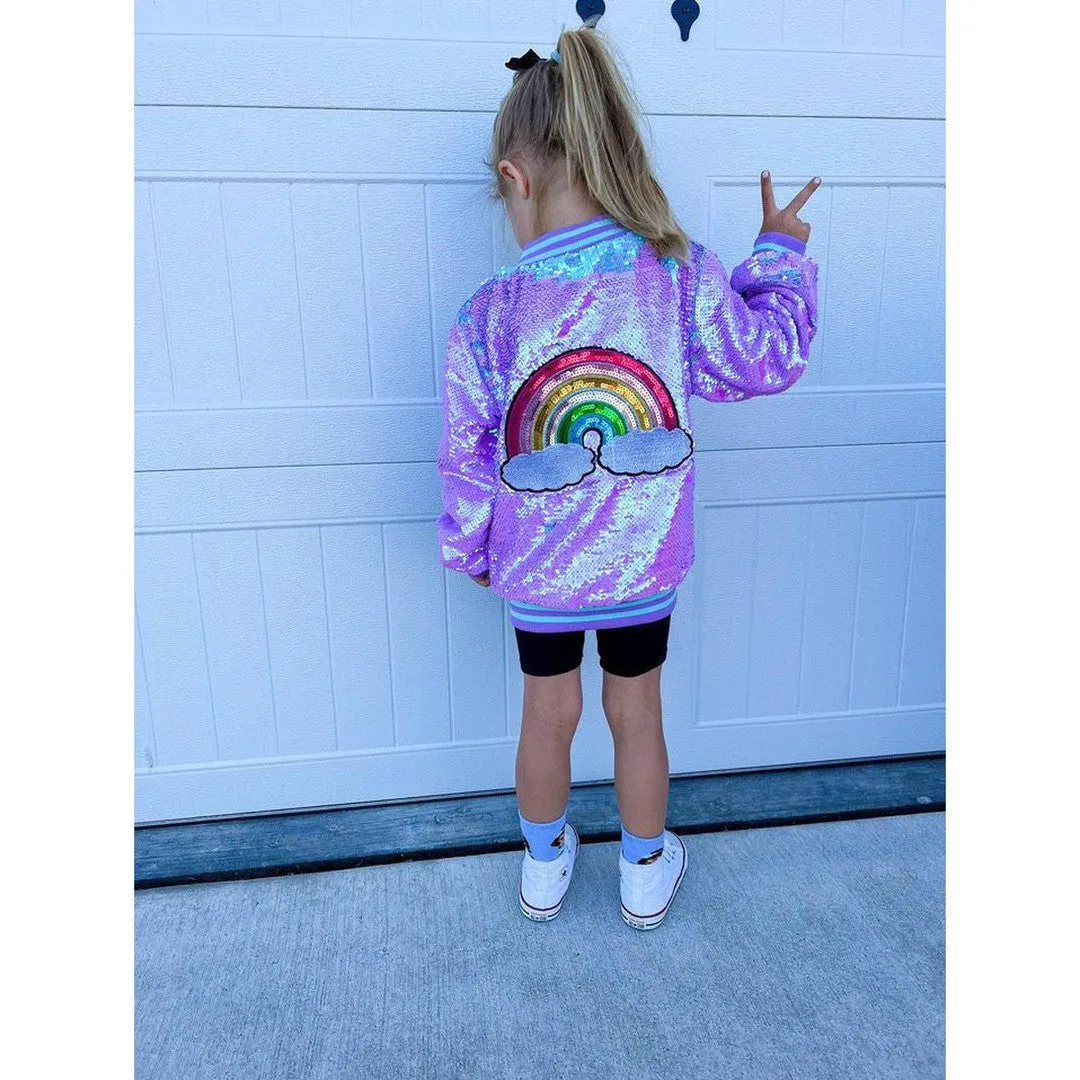Girls Purple Iridescent Patched Sequins Bomber Jacket