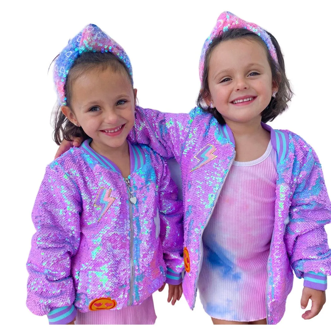 Girls Purple Iridescent Patched Sequins Bomber Jacket