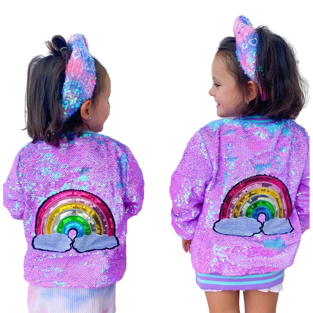 Girls Purple Iridescent Patched Sequins Bomber Jacket