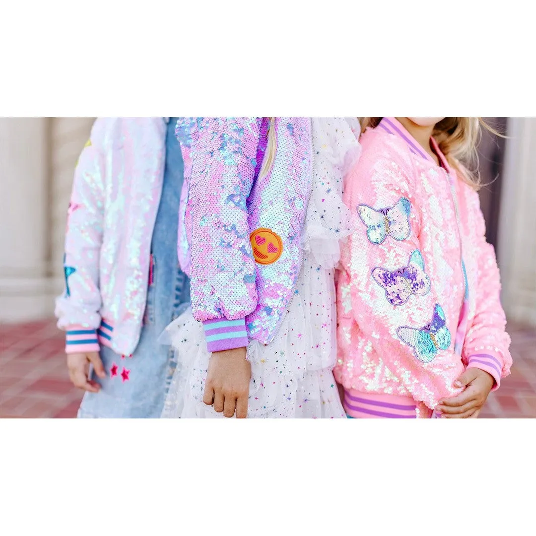 Girls Purple Iridescent Patched Sequins Bomber Jacket