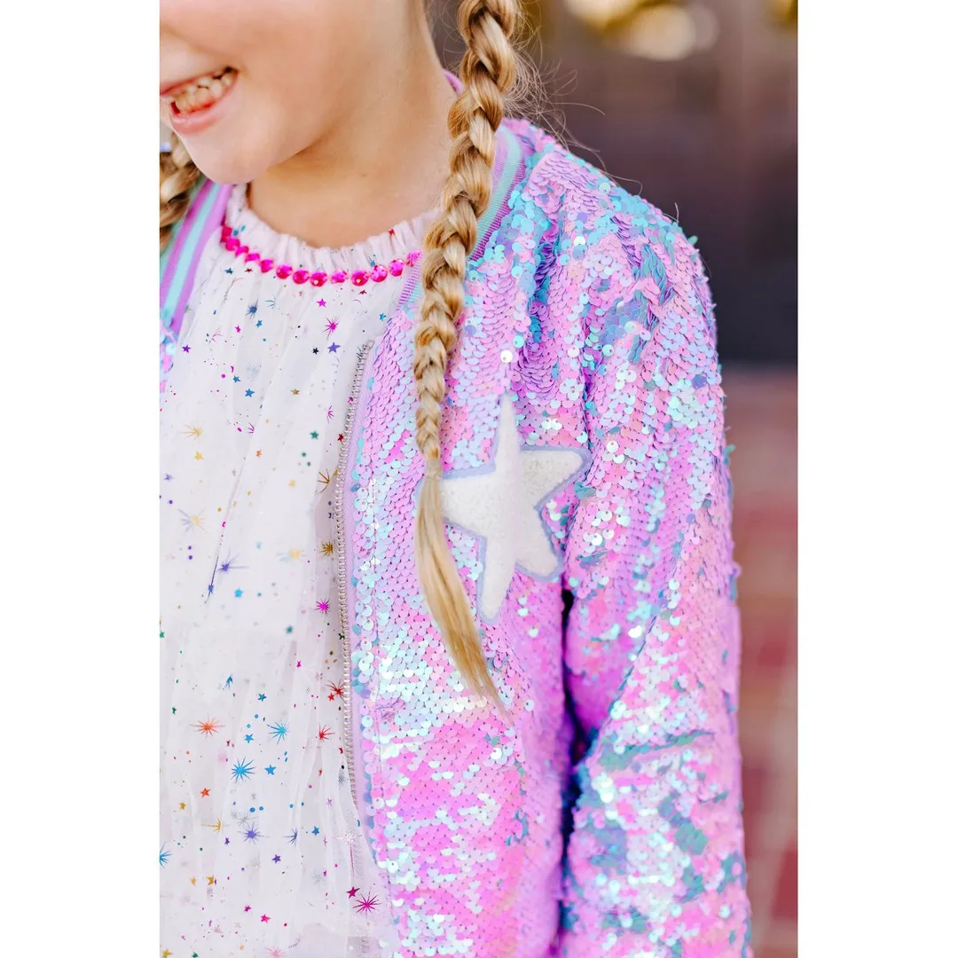 Girls Purple Iridescent Patched Sequins Bomber Jacket