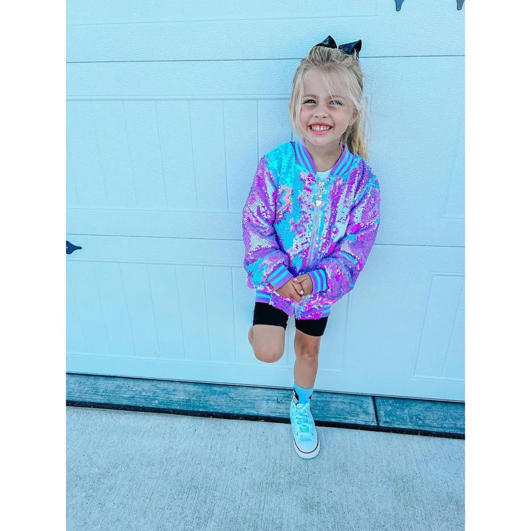 Girls Purple Iridescent Patched Sequins Bomber Jacket