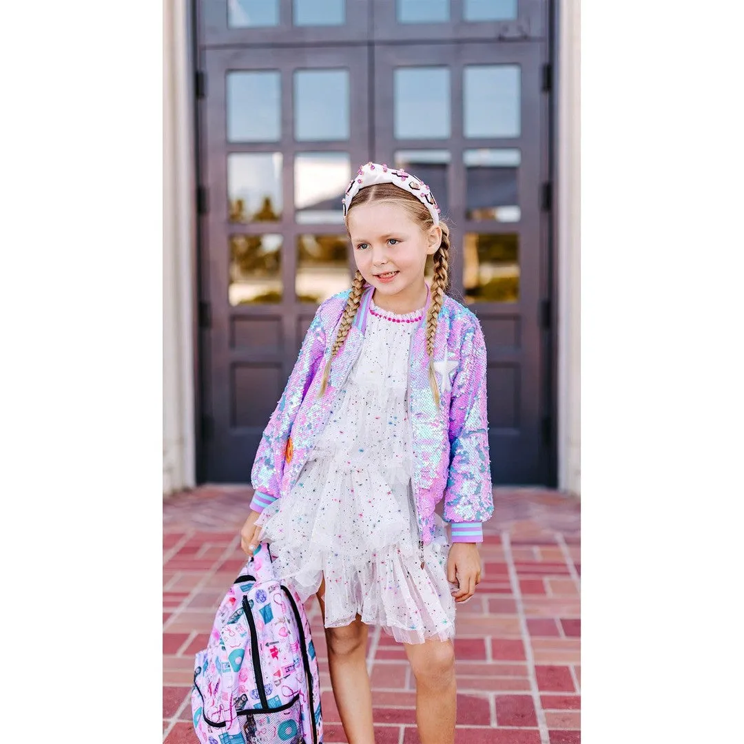 Girls Purple Iridescent Patched Sequins Bomber Jacket